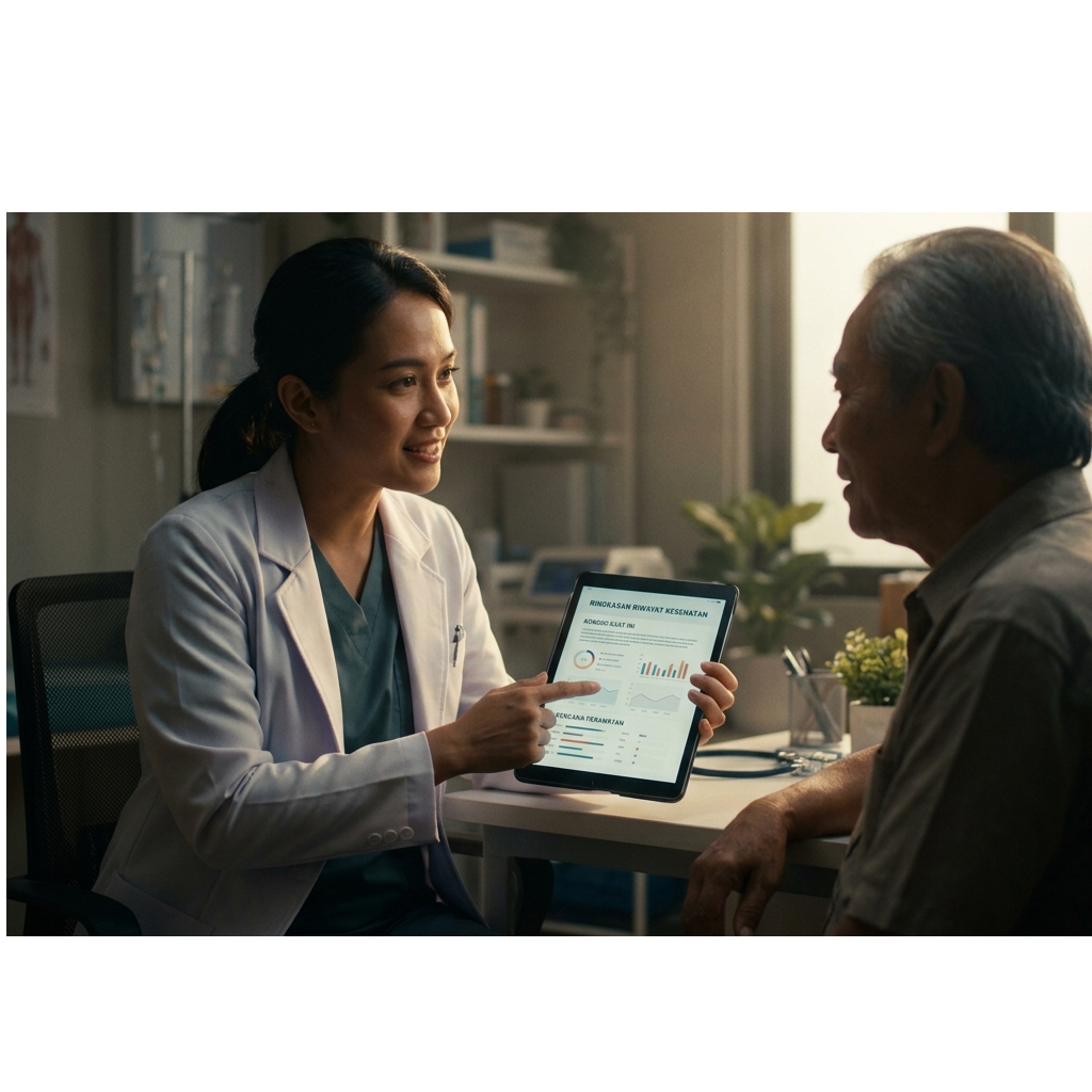 seorang dokter dapat menggunakan AI untuk dengan cepat meninjau riwayat kesehatan pasien dan menyajikan informasi relevan, sehingga percakapan dapat langsung fokus pada kondisi pasien saat ini dan rencana perawatan, bukan pada pencarian informasi